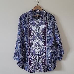 Chico's No Iron Purple Paisley Button Front Long Sleeve Shirt Size XL